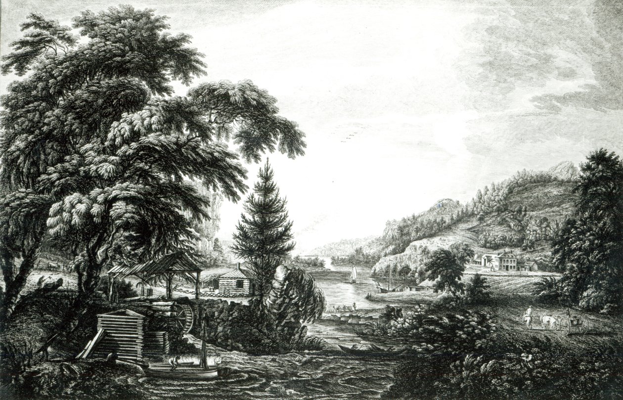 Návrh na vyobrazení začátku a dokončení americké osady nebo farmy z knihy "Scenographia Americana", vyryl James Peake, 1768. od Paul Sandby