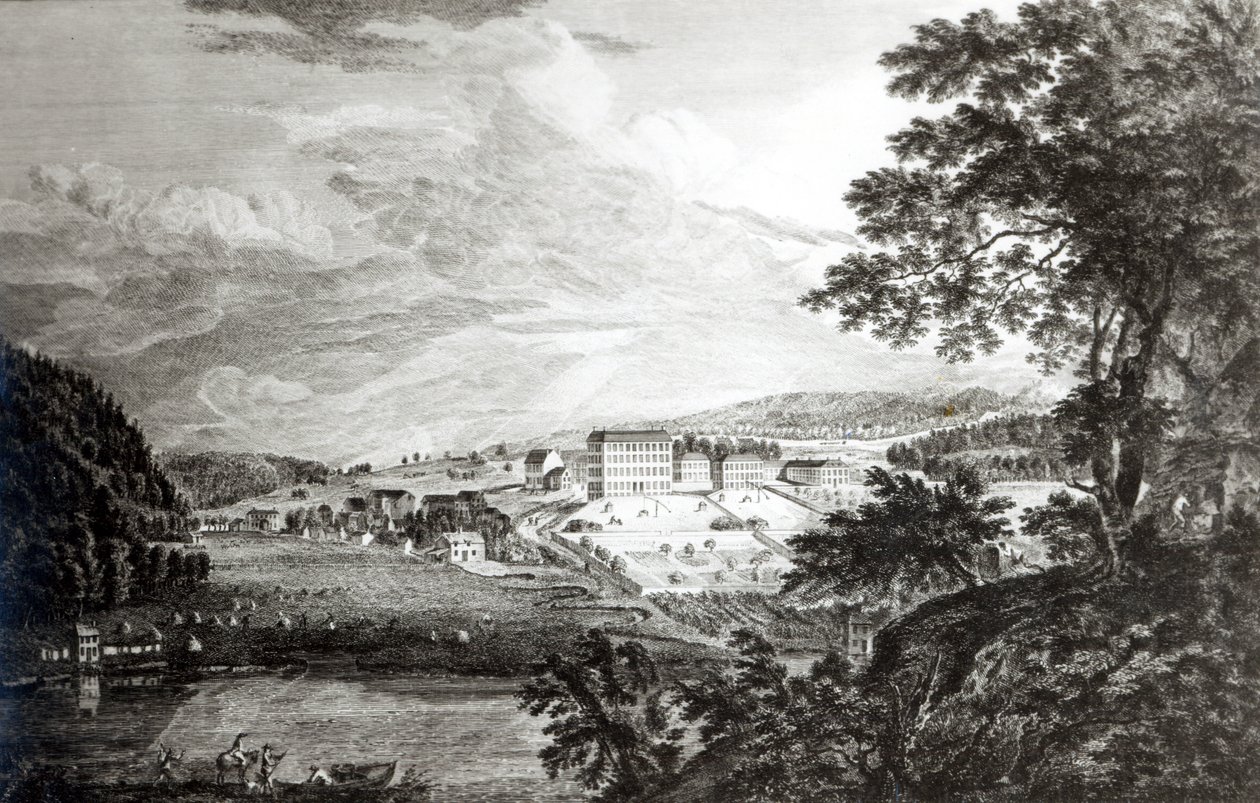 Pohled na velkomoravskou osadu Bethlem v provincii Pennsylvania ze "Scenographia Americana", 1768 od Paul Sandby