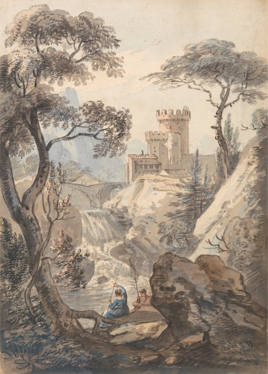 Italská krajina s hradem, kaskádou a rybáři od Paul Sandby