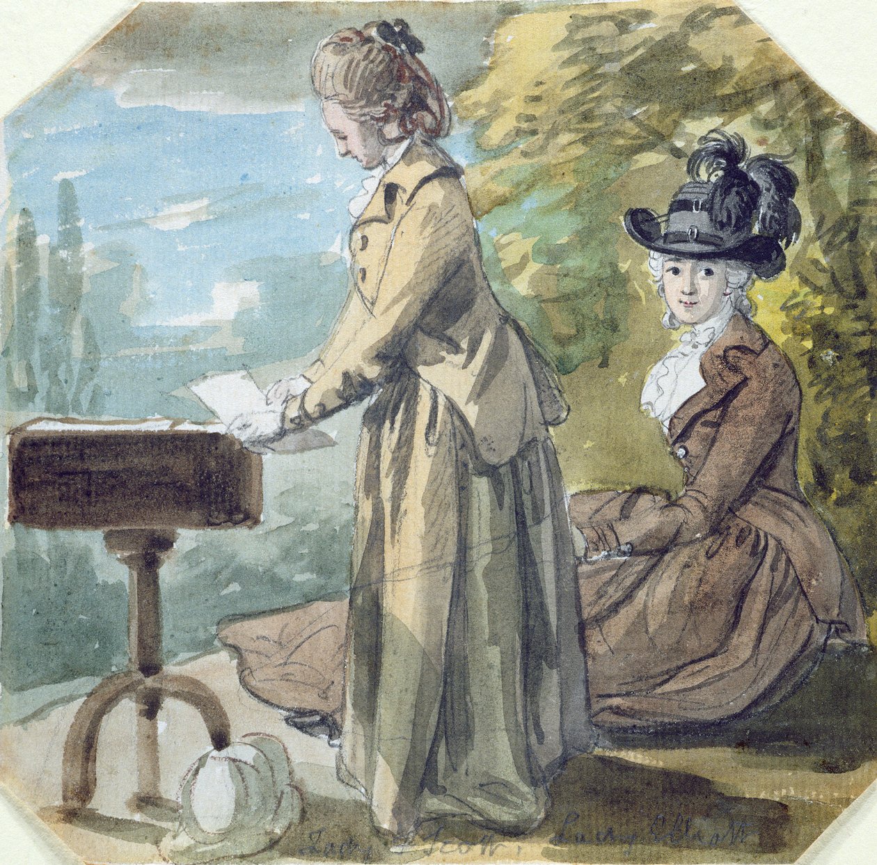 Lady Francis Scott a Lady Elliot, kolem roku 1770 (wc nad grafitem na papíře) od Paul Sandby