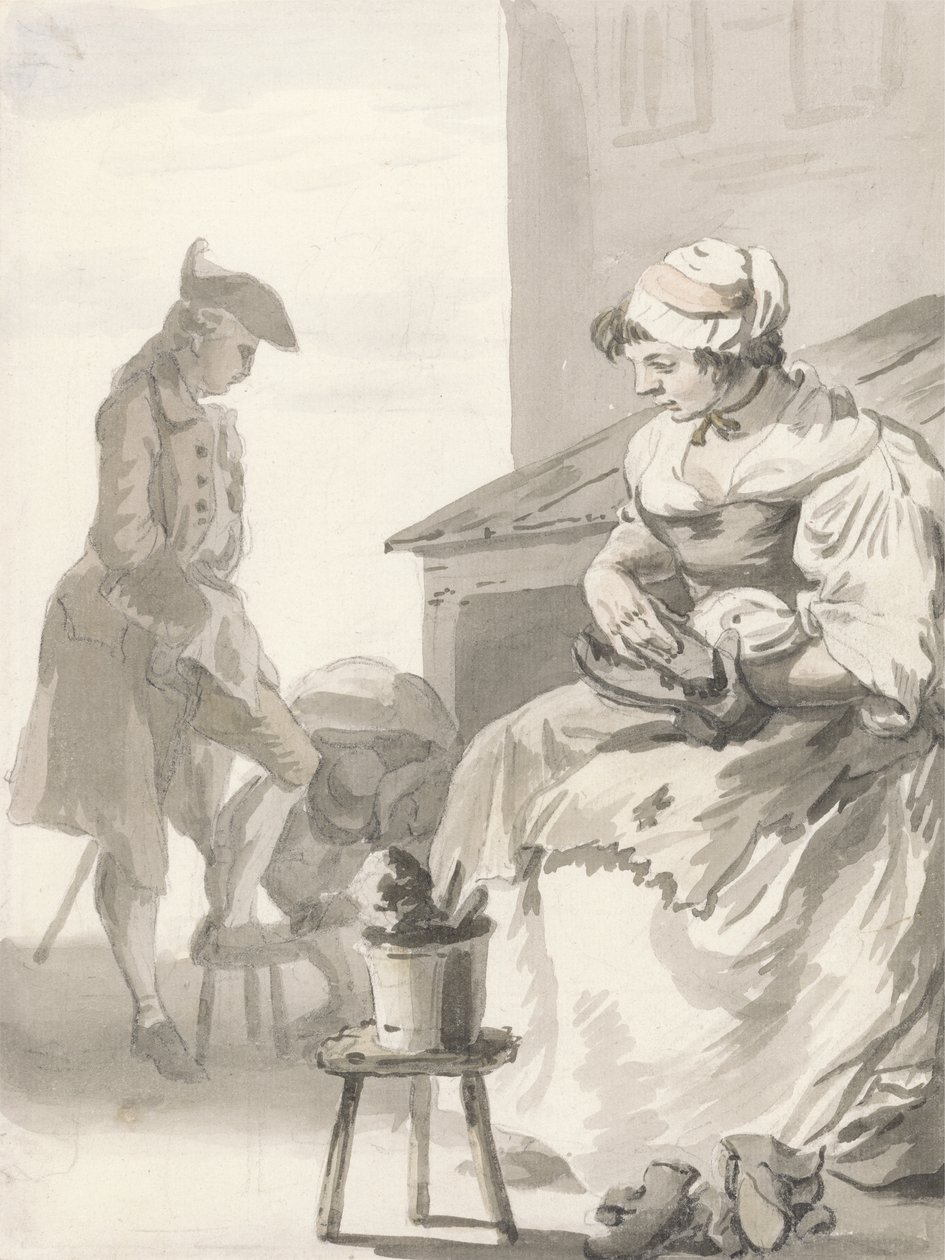 London Cries: Shoe Cleaner, cca 1759 (pero a štětec, šedý inkoust, wc a grafit na papíře) od Paul Sandby