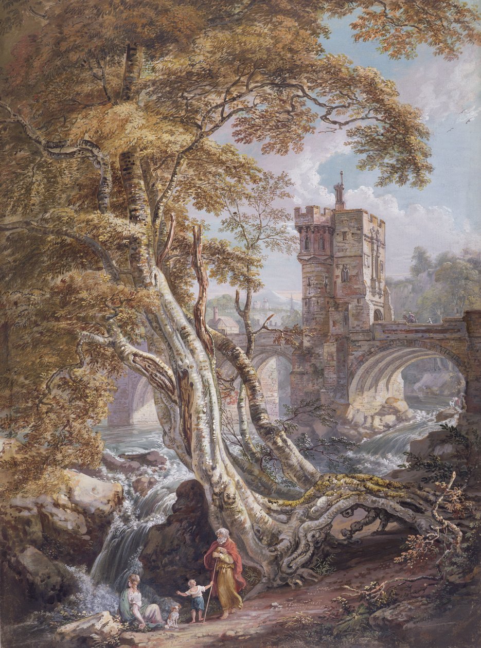 PD.8-1976 Pohled na Old Welsh Bridge, Shrewsbury, cca 1770 (wc, kvaš a inkoust na papíře) od Paul Sandby