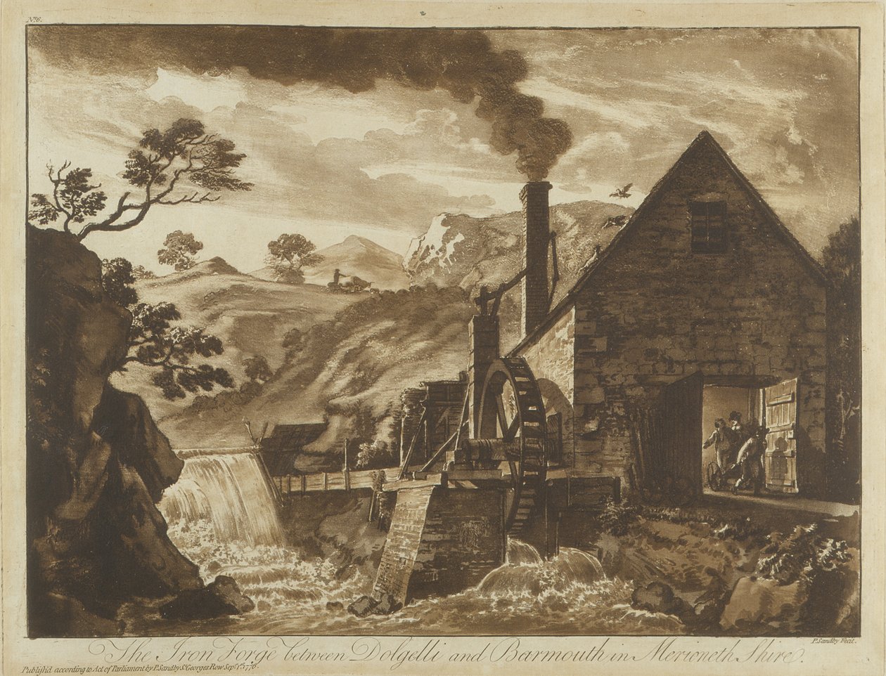 The Iron Forge poblíž Dolgelli a Barmouth v Merionethshire, z Twelve Views ve Walesu, 1776 (akvatinta) od Paul Sandby
