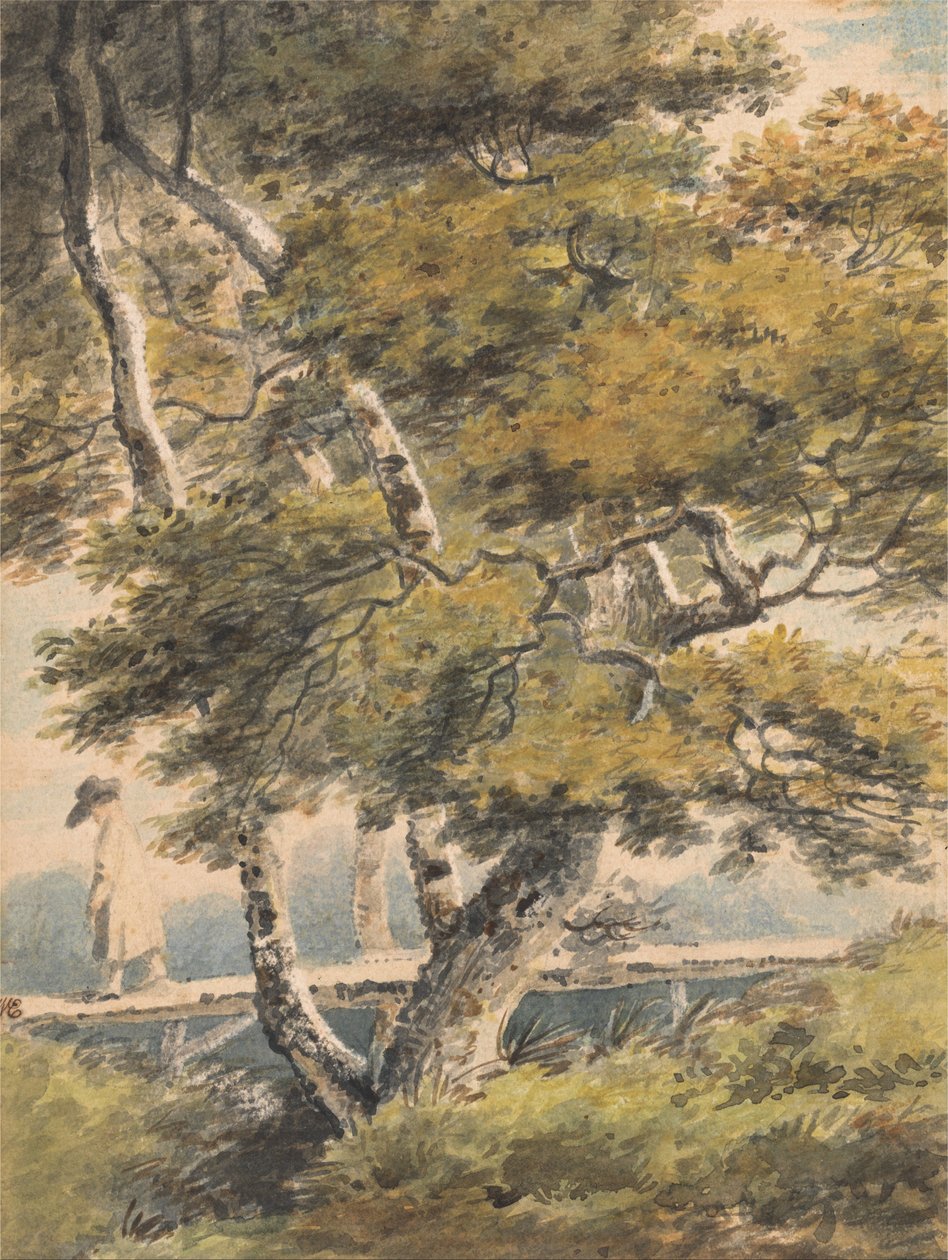 Stromy, s mužem přecházejícím lávku od Paul Sandby