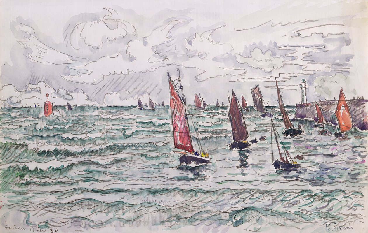 Audierne, Návrat rybářských člunů, 1930 (wc a tužka na papíře) od Paul Signac