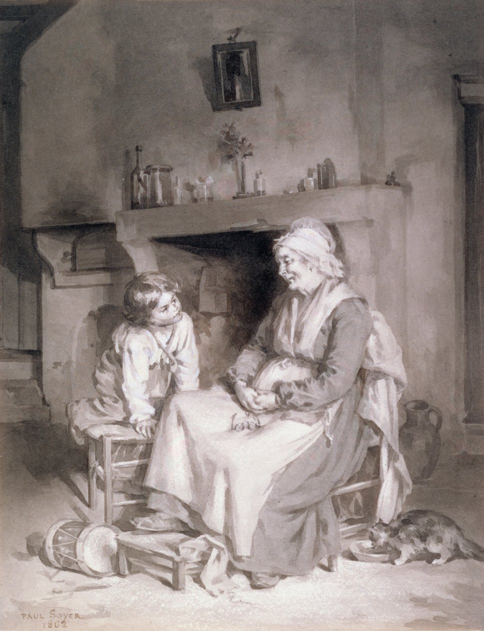 Interiér se starou ženou a chlapcem, 1862 (pero a inkoust na papíře) od Paul Soyer