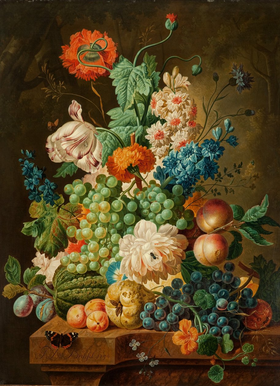 Ovoce a květiny na mramorovém stole, 1794 od Paul Theodor van Brussel