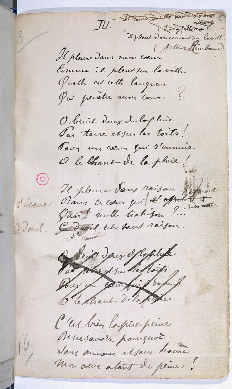 Rukopis "Ariettes Oublies, III" z "Romances Sans Parole", 1874 od Paul Verlaine