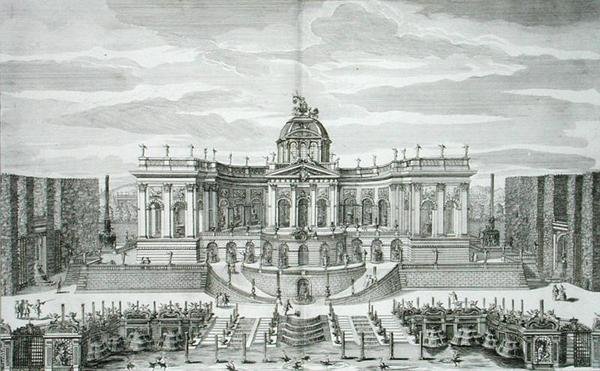 Velká jeskyně a fontánová zahrada v Princely Pleasure Palace and Gardens, Berlín, rytina Johanna Augusta Corvina (1683-1738), publikováno kolem 1711-16 (rytina) od Paul Decker