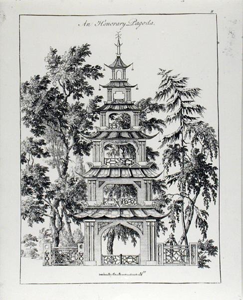 Čestná pagoda z „čínské architektury, civilní a okrasné“, vydaná v roce 1759 (rytina) (černobílá fotografie) od Paul Decker