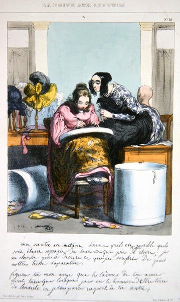 Dělník v kloboučnickém podniku píšící dopis, cca 1840 (barevné lito) od Paul (after) Gavarni