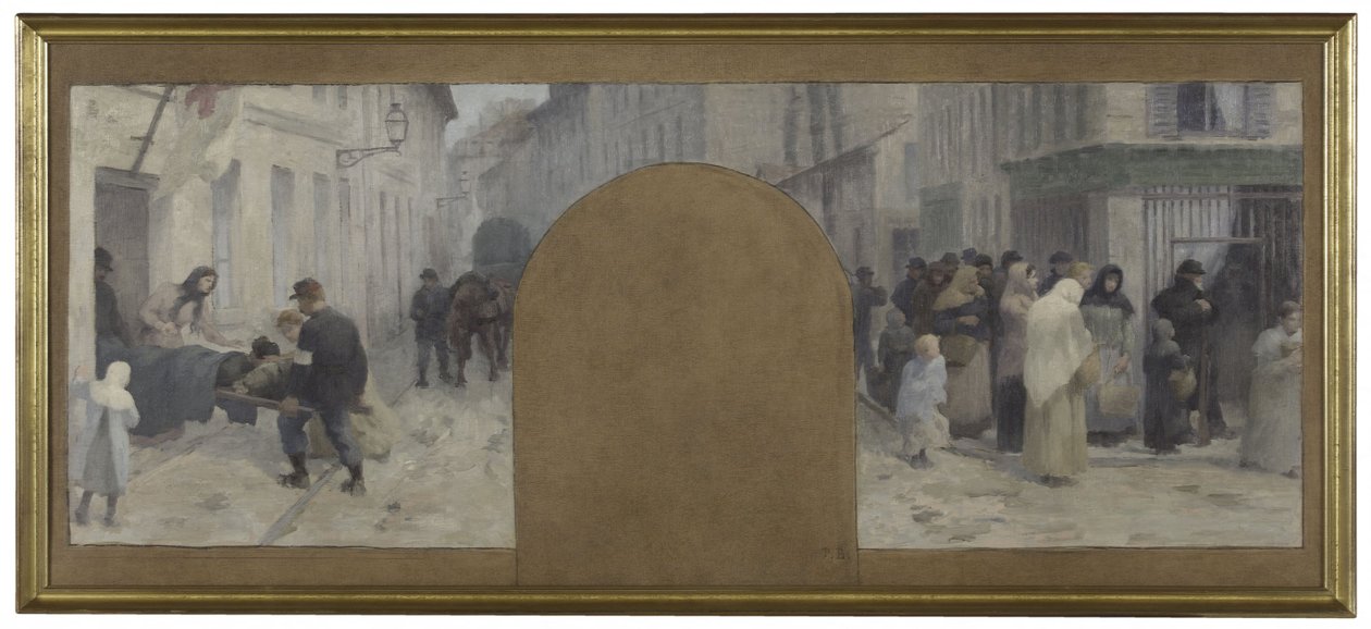 Skica pro Hôtel de Ville de Paris, cabinet du préfet: Převoz raněných do ambulance. Fronty před obchodem během obléhání Paříže v roce 1870. od Paul Albert Baudouin