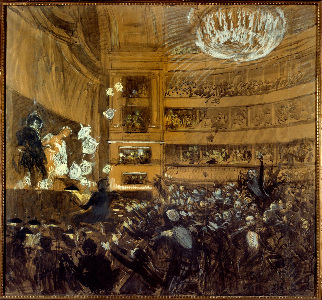 Bitva u Hernani dne 25. 2. 1830 První reprezentace díla „“ Hernani““ od Victora Huga (1802-1885) v Comedie Francaise. Kresba Paul Albert Besnard (1849-1934) Paříž 19. století, Comedie Francaise od Paul Albert Besnard