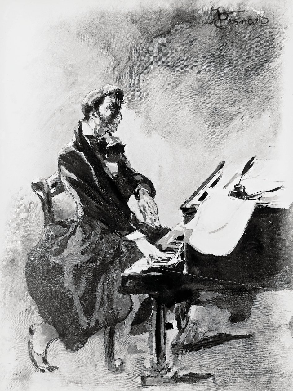 Skladatel a pianista Frederic Chopin hrající na klavír, od Alberta Besnarda (1849-1934), akvarel od Paul Albert Besnard