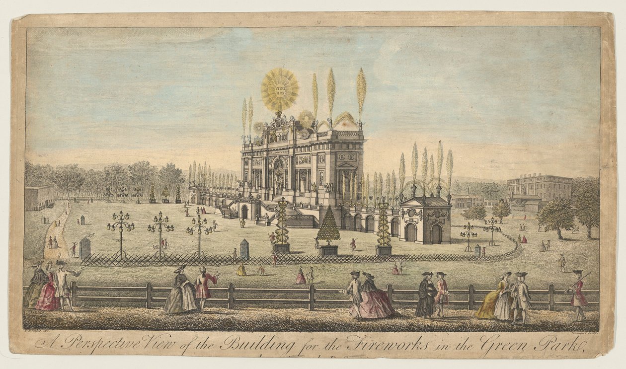 Perspektivní pohled na budovu pro ohňostroj v Green Park, Londýn, ca. 1749. od Paul Angier