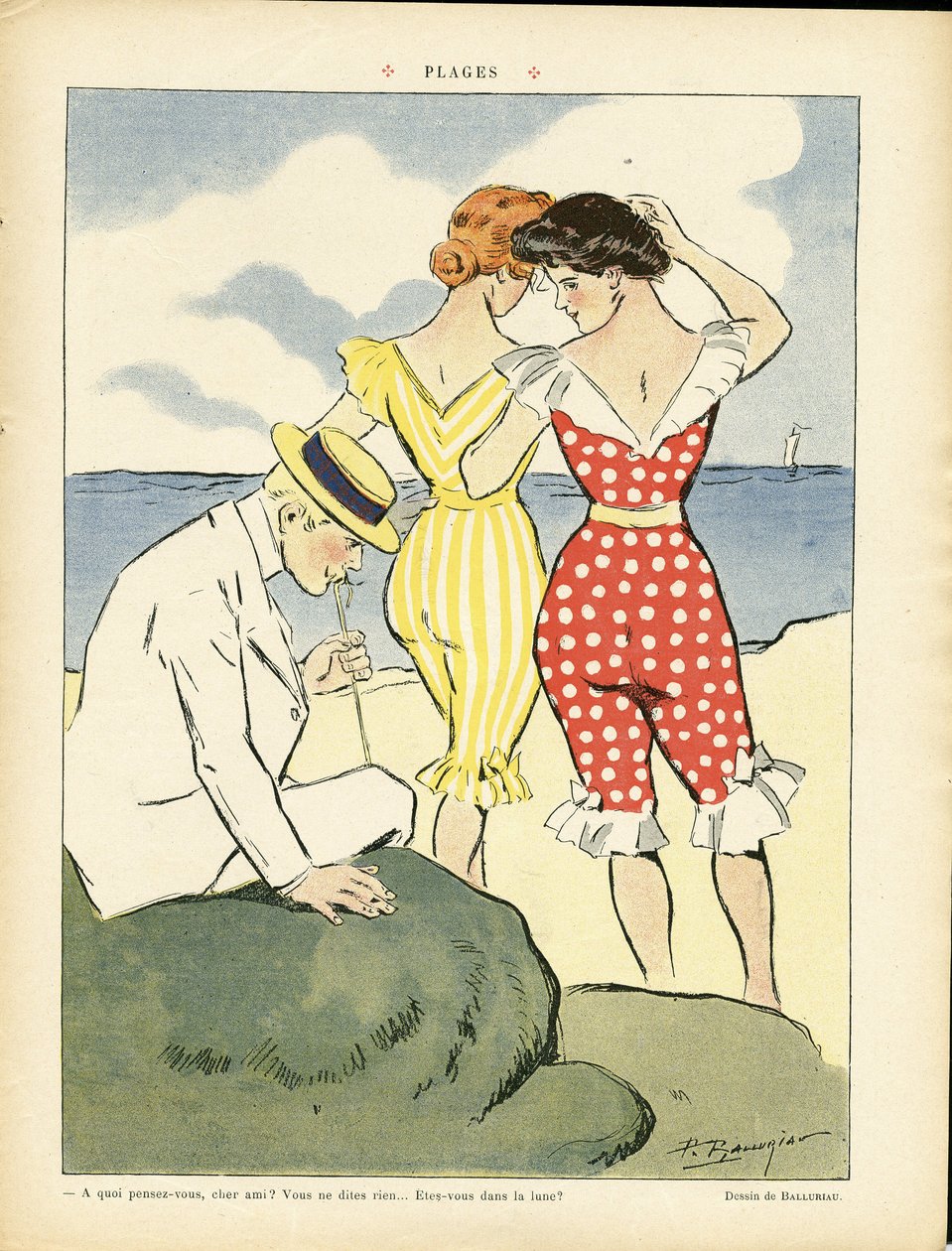 Ilustrace Paul Balluriau (1860-1917) v Le Rire, 1.8.2008 - Pláže - volný čas, láska, móda, námořní mořské pobřeží, plavky od Paul Balluriau