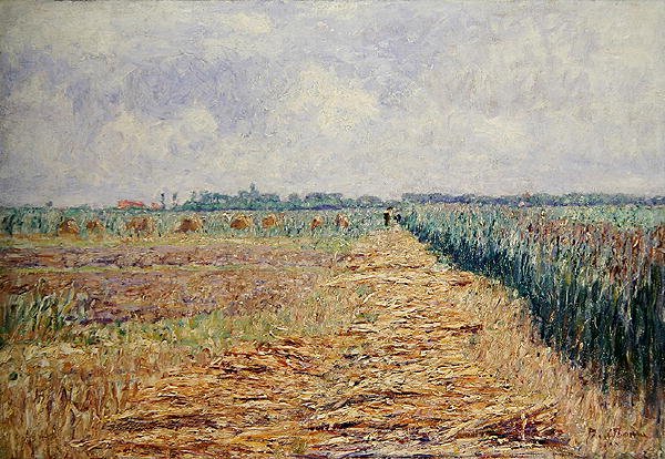 Plochá holandská krajina pod letní oblohou s jasnými bílými mraky, asi 1890 (olej na plátně) od Paul Baum