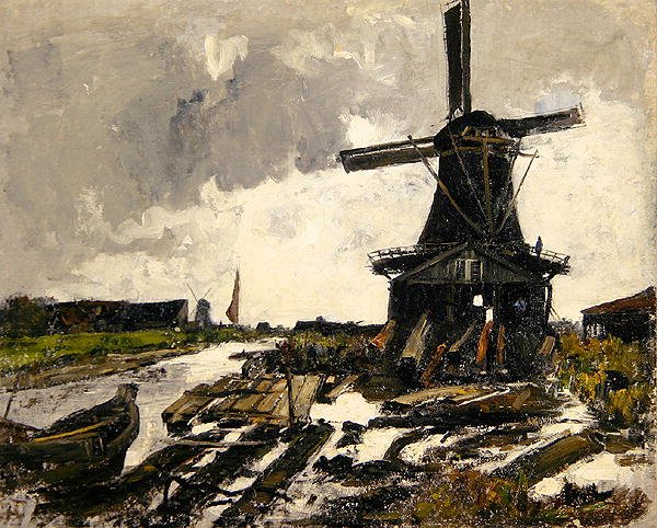 Holandsko, Krajina kanálu s Větrným mlýnem na pilu na dřevo, kolem roku 1885 (olej na plátně) od Paul Baum