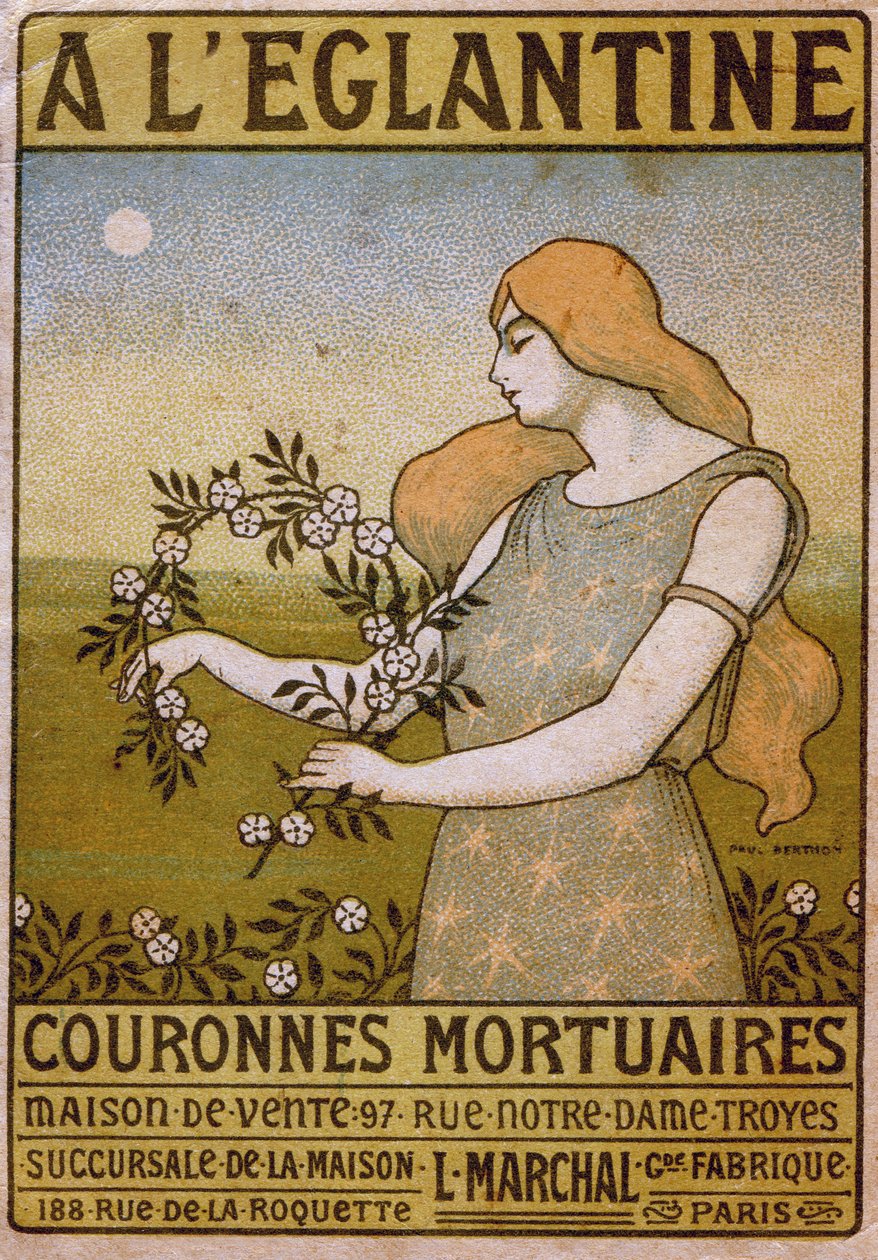 životní styl. Do divoké růže, obchodování s pohřebními věnci, květinářství. Advert by Paul Berthon, Francie, cca 1900 (plakát) od Paul Berthon