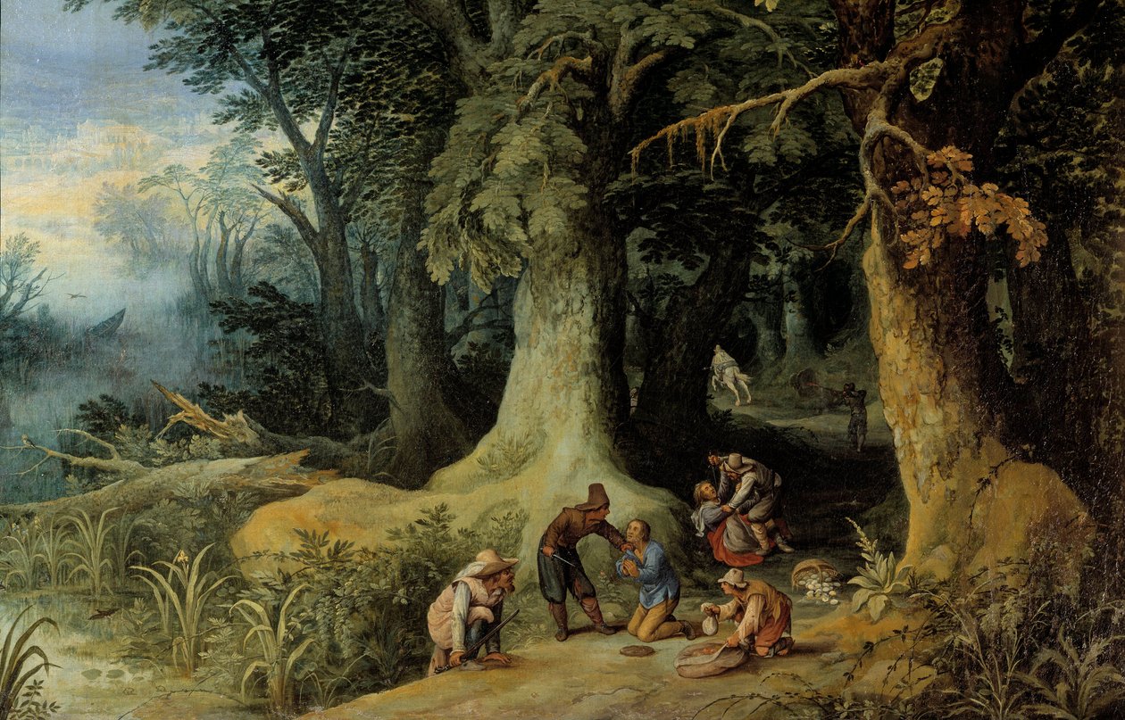 Zbraňový útok v lese Skupina dálničních banditů. Obraz od Paula Brila (Brill) (1554-1626) od Paul Bril