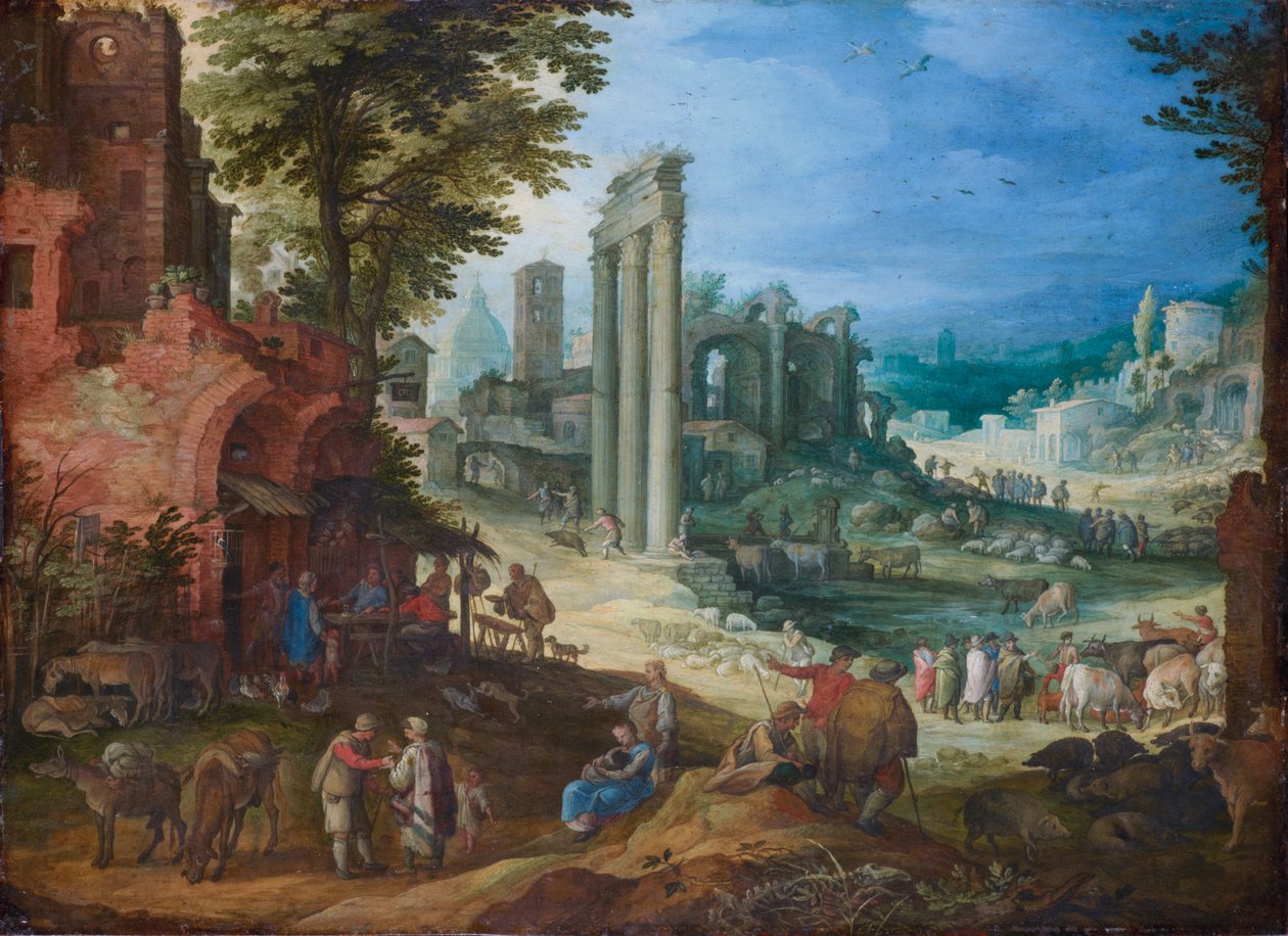 Pohled na Forum Romanum se sloupy chrámů Castor a Pollux a Hadriánskou bazilikou od Paul Brill