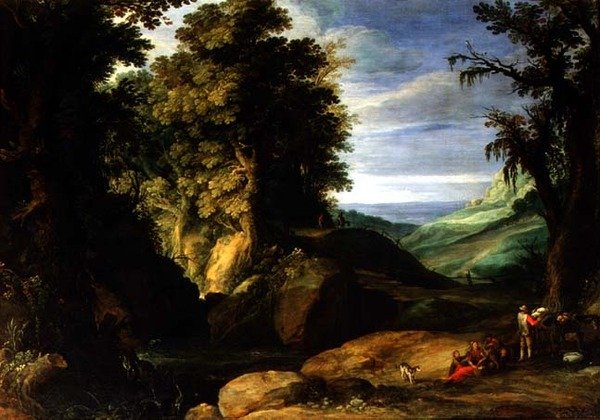 Krajina s cestovateli, cca 1610-15 (olej na plátně) od Paul Brill or Bril
