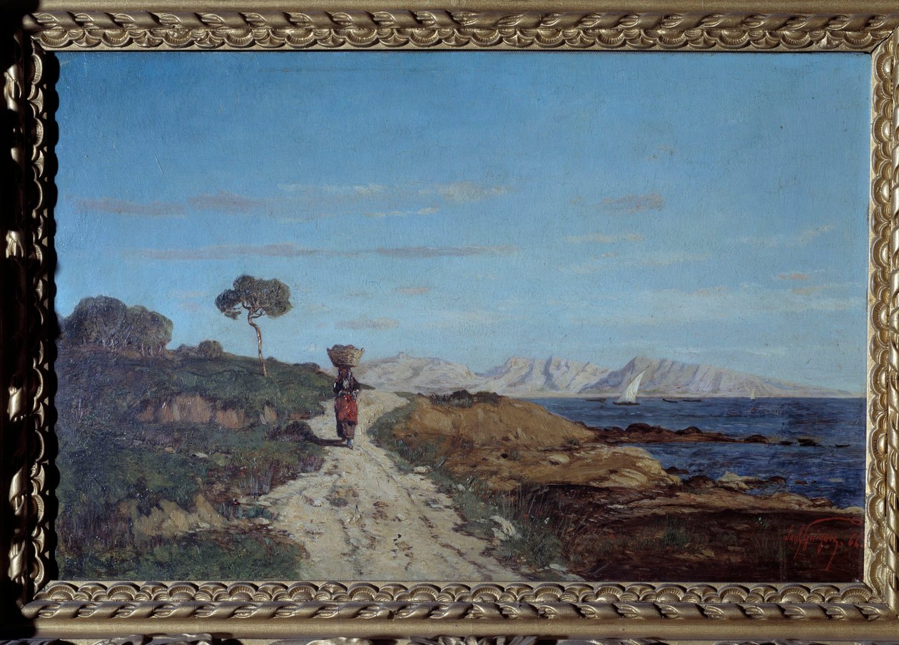 Kolem Marseille v roce 1866: mořská krajina se ženou nesoucí košík na hlavě a kráčející po silnici. Obraz Paul Camille Guigou (1834-1871). 1866. Zvědavý. Muzeum Perigor od Paul Camille Guigou