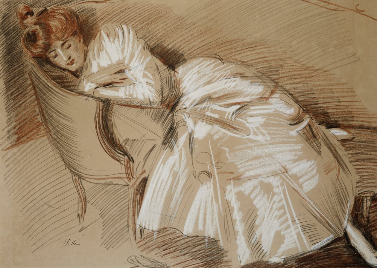 Madame Helleu ležící na lehátku, od Paul Cesar Helleu