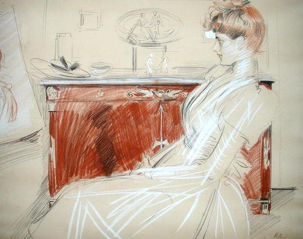 Madame Helleu ve svém salonu, cca 1900 (tužka a křída na papíře) od Paul Cesar Helleu