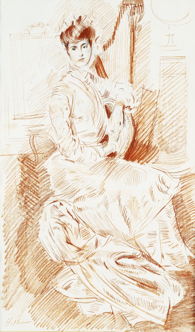 Madame Helleu sedící u harfy, od Paul Cesar Helleu