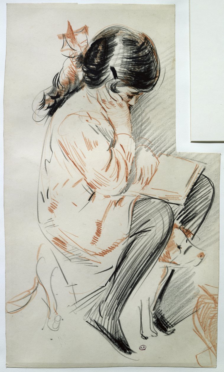 Paulette Reading Sedí na svém Toy Dog (barevná tužka na papíře) od Paul Cesar Helleu