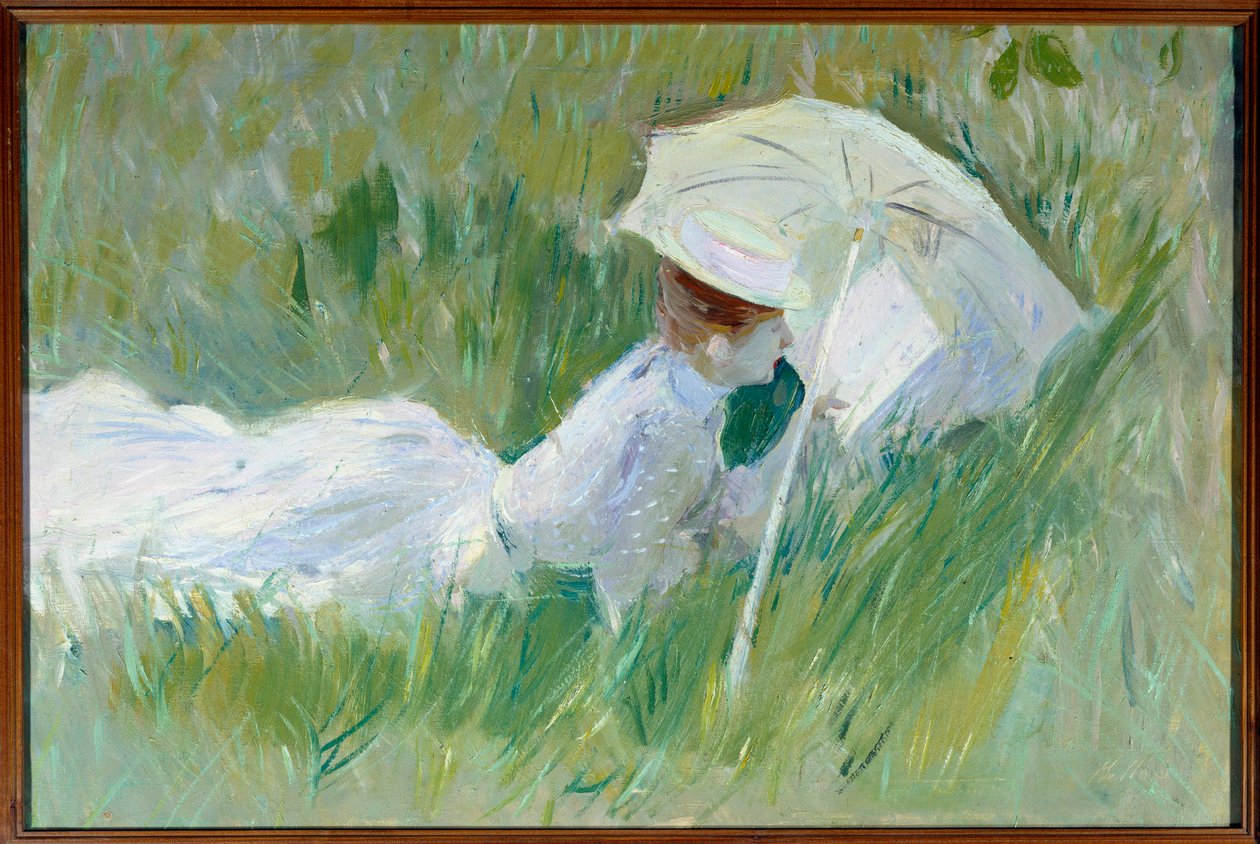 Portrét Madame Helleu, manželky malíře, v trávě Malba Paula Cesara Helleua (1859-1927) před rokem 1927, olej na plátně, Rozm. 0,54x0,81 m Rouen, musee des Beaux Arts - Portrét Madame Helleu, manželky malíře, ležící v trávě. Malování b od Paul Cesar Helleu