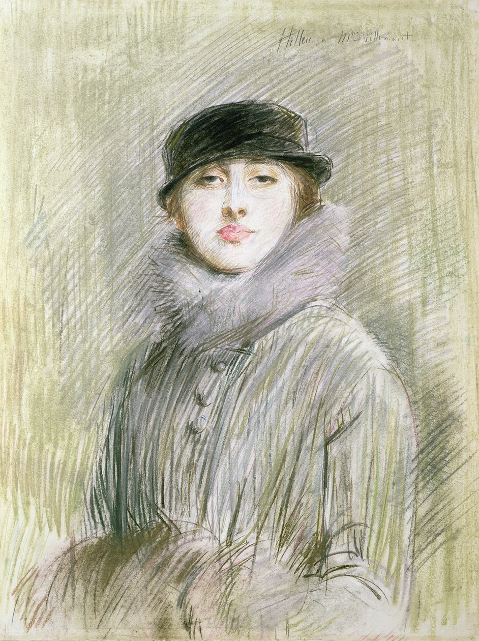 Portrét dámy s kožešinovým límcem a rukávníkem, 20. století (kresba) od Paul Cesar Helleu