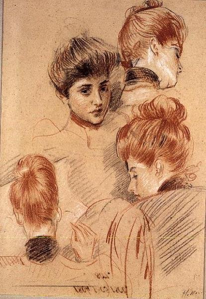 Studie Mme. Helleu a Mme. Clarighy, kolem 1892-95 (křída) od Paul Cesar Helleu