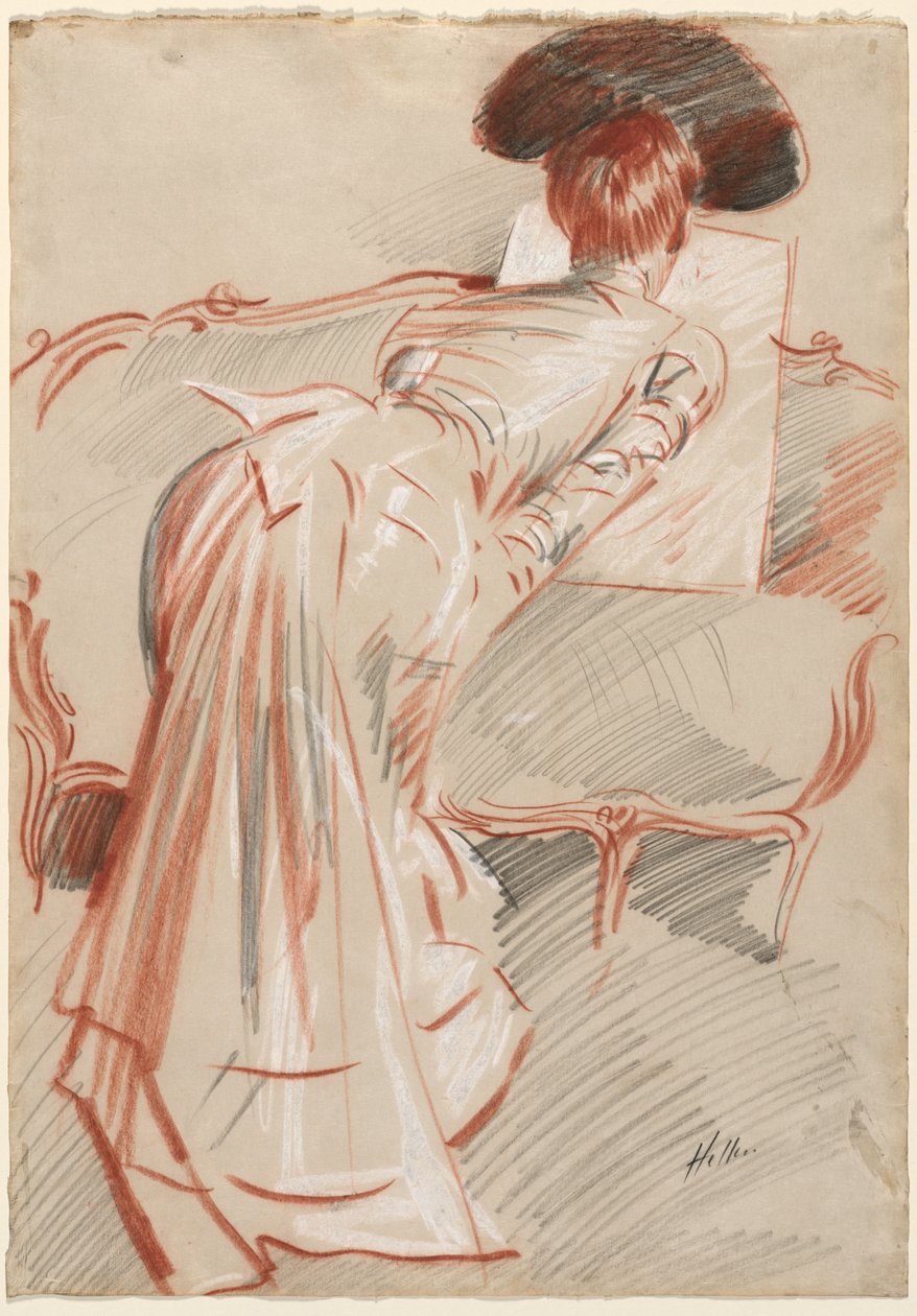 Žena (možná madame Alice Hellu) při pohledu na kresbu od Paul Cesar Helleu