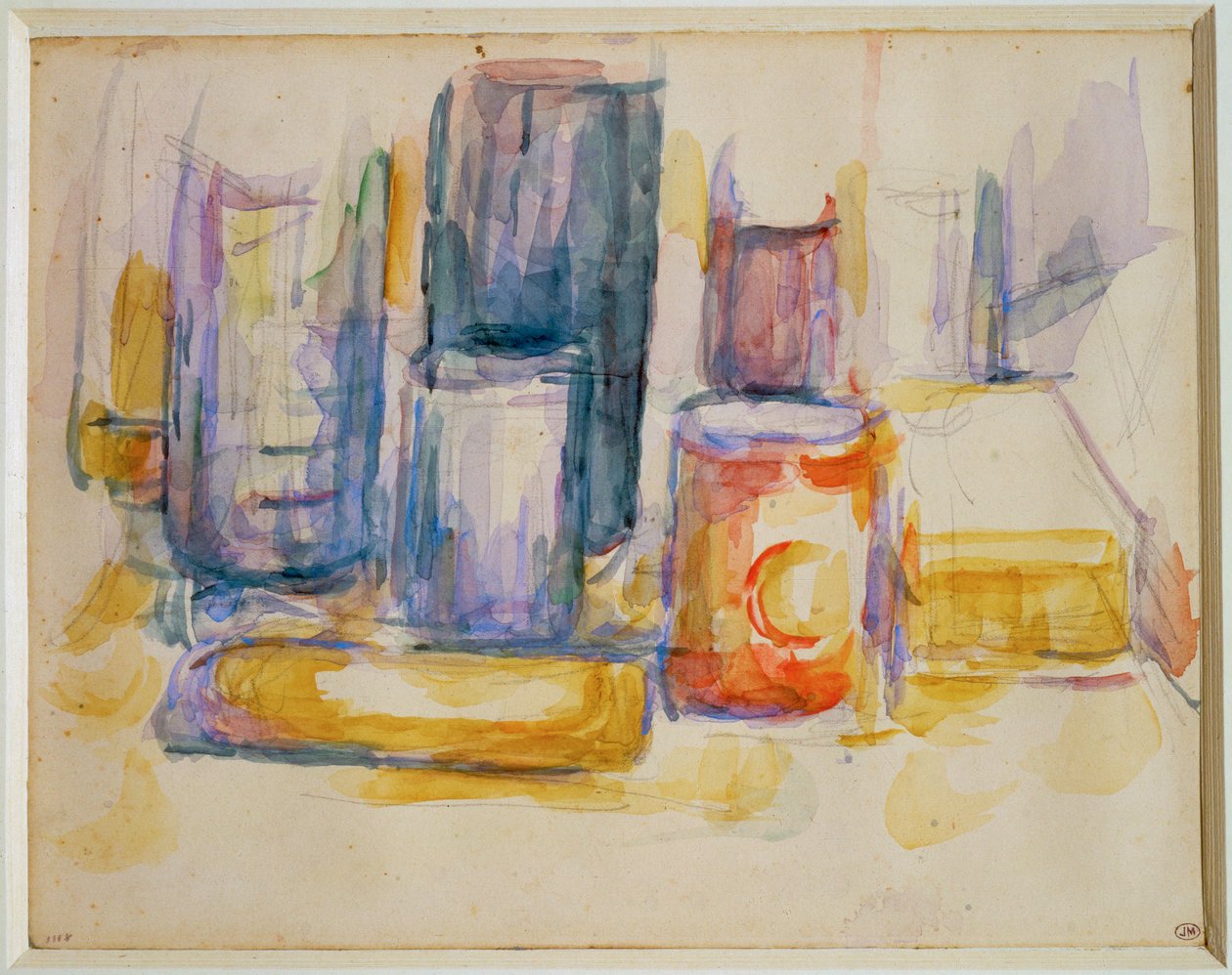 Kuchyňský stůl, hrnce a láhve (malba) od Paul Cézanne