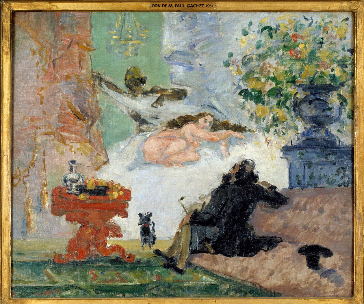 Moderní žena Olympia Young leží nahá ve své posteli a její černá služebná. Obraz Paula Cezanna (1839-1906) 1873 Ne. 0,46x0,55 m Paříž, musee d