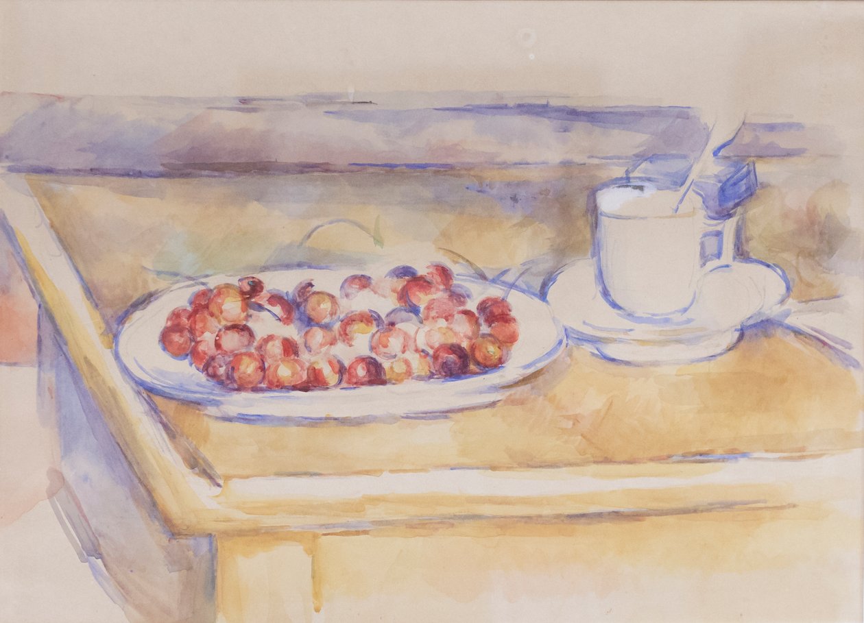 Pohár a miska z třešní, cca 1890 (tužka a akvarel na papíře) od Paul Cézanne