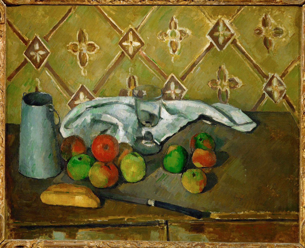 Ovoce, ubrousek a džbán mléka od Paul Cézanne