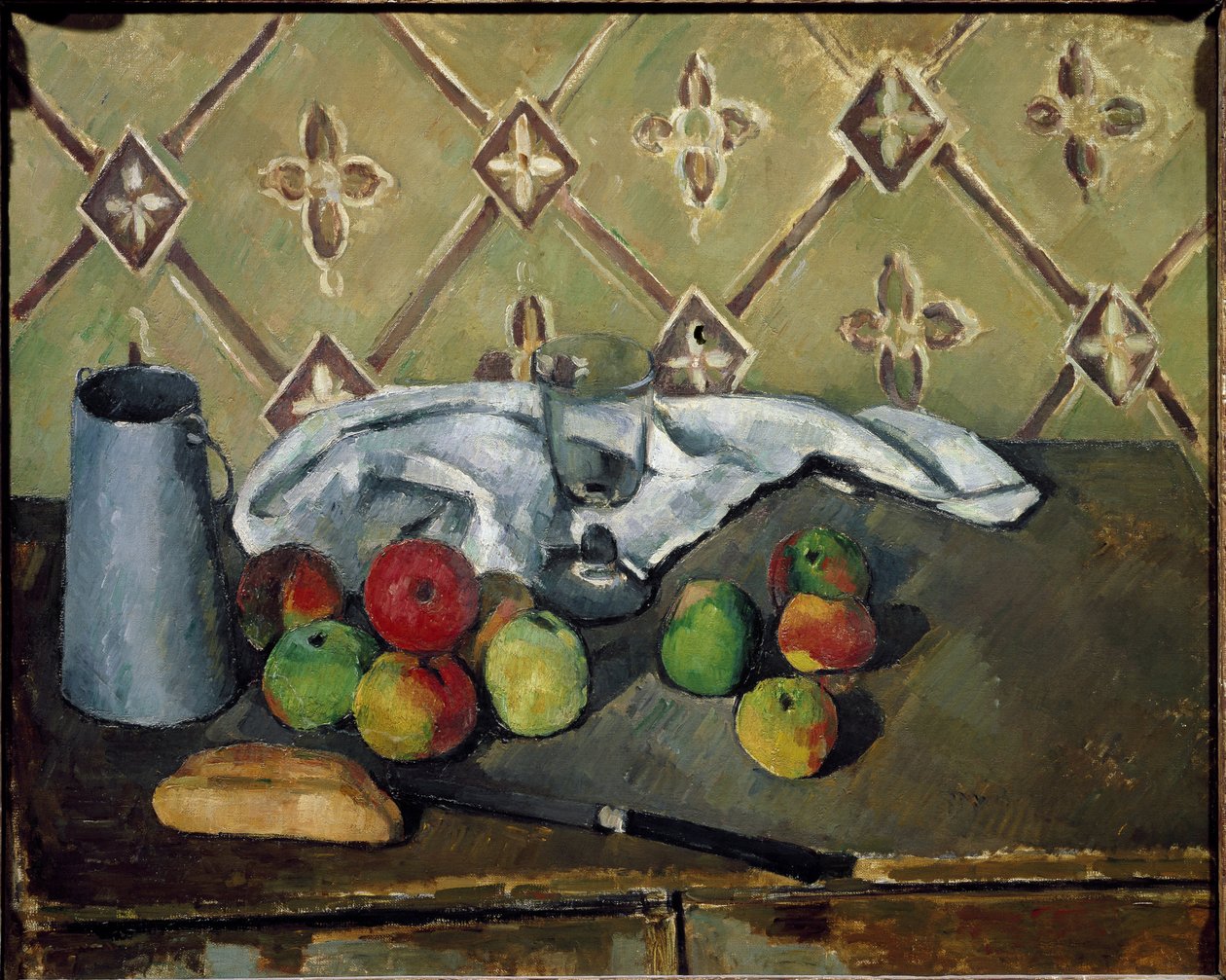 Krabice na ovoce, ubrousky a mléko - Olej na plátně od Paul Cézanne