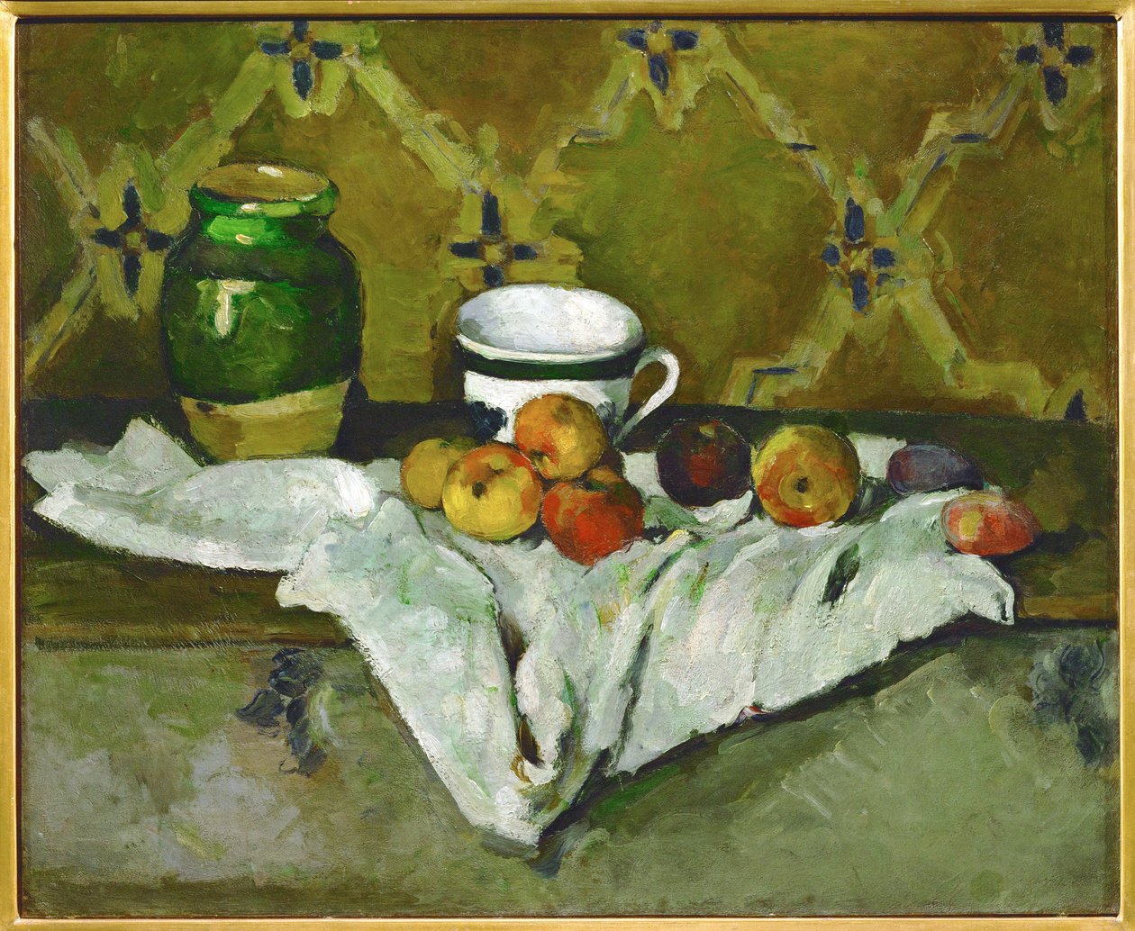 Nature Morte avec pot, tasse et pommes, Příroda s hrncem, šálkem a jablky (malba) od Paul Cezanne