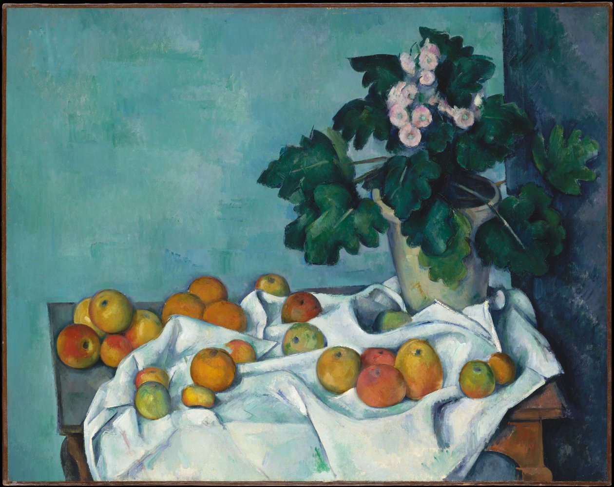 Zátiší s jablky a květináčem prvosenek od Paul Cézanne