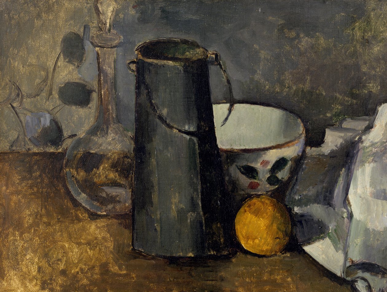 Zátiší s karafou, plechovkou od mléka, miskou a pomerančem od Paul Cézanne
