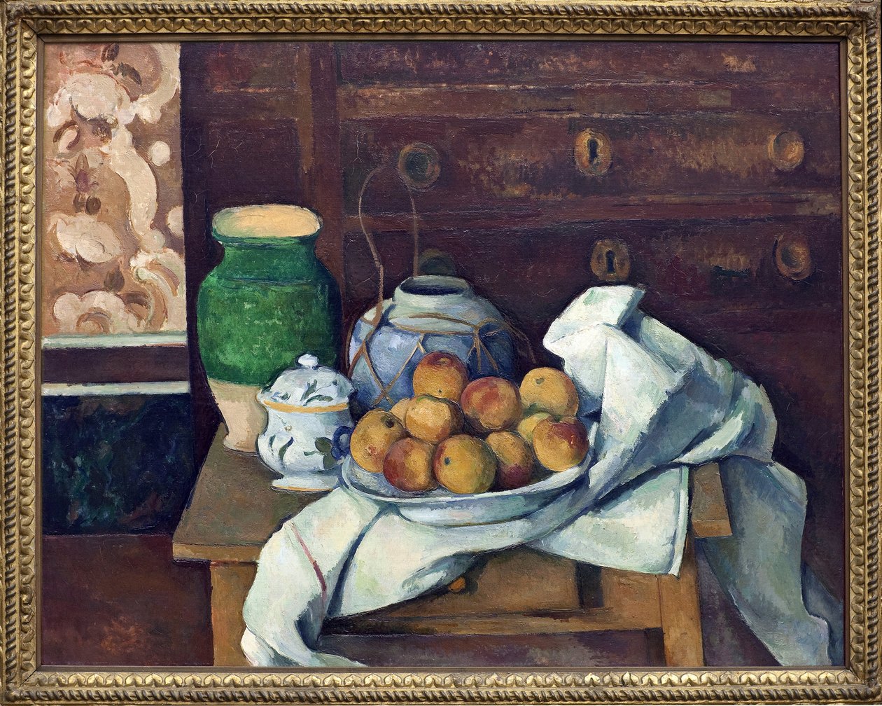 Zátiší má komodu. Malba Paula Cezanna (1839-1906), olej na plátně kolem roku 1885. Francouzské umění od Paul Cézanne