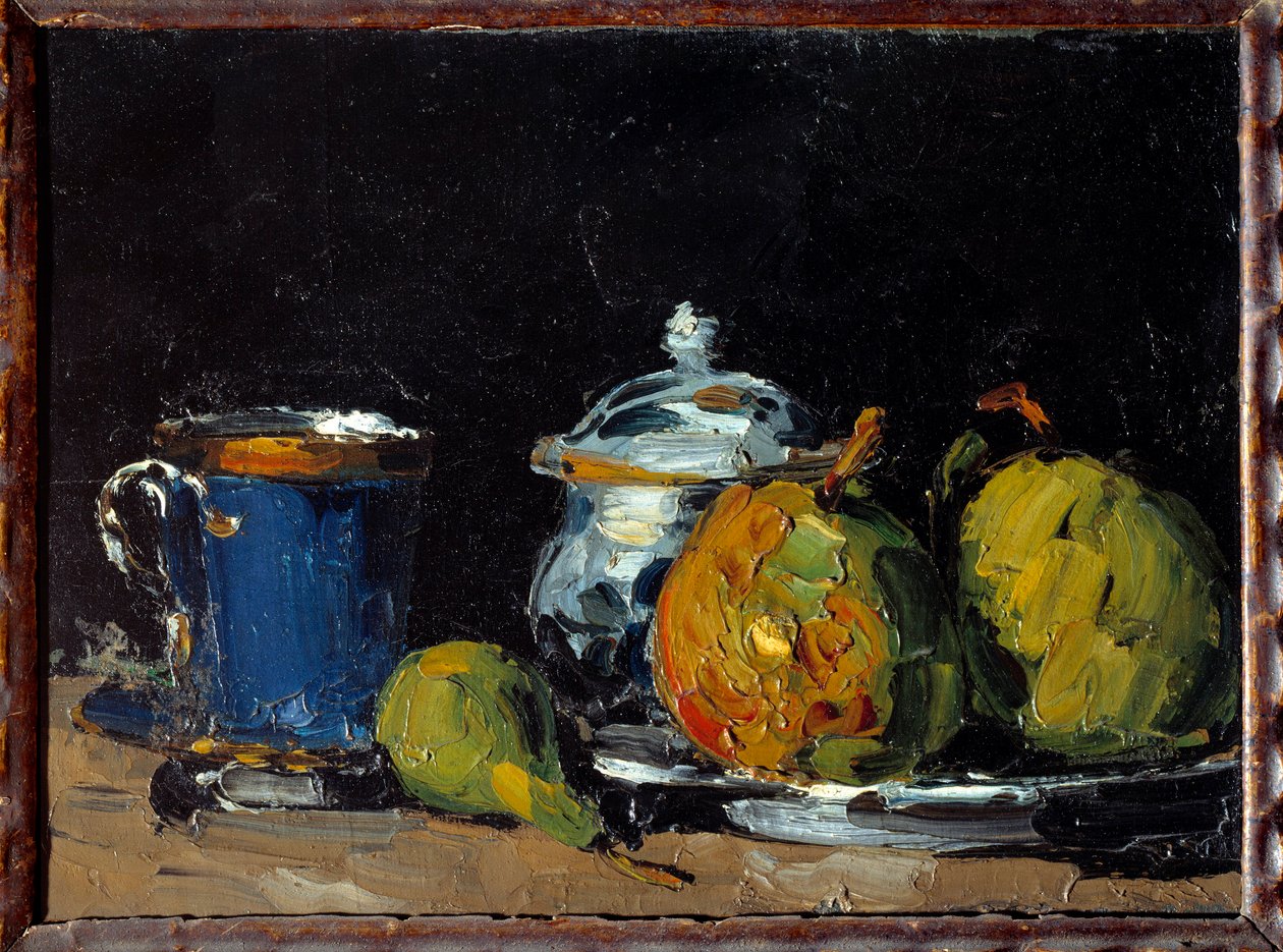 Cukřenka, modrý hrnek a hrušky Malba Paula Cezanna (1839-1906) 1866 Aix En Provence. Granetovo muzeum od Paul Cézanne