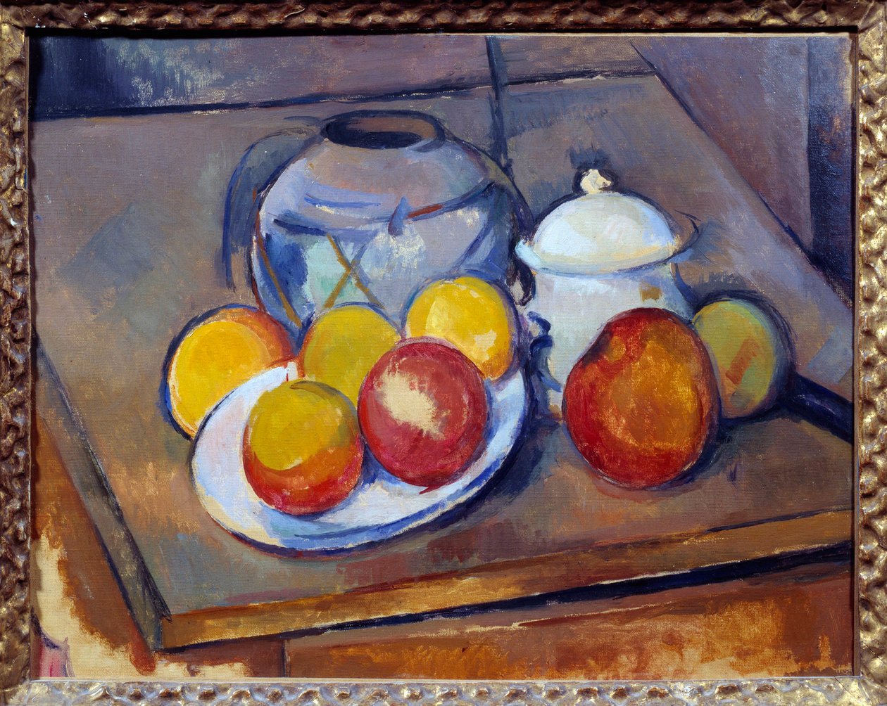 Váza sláma, cukřenka a jablka Malba Paula Cezanna od Paul Cézanne