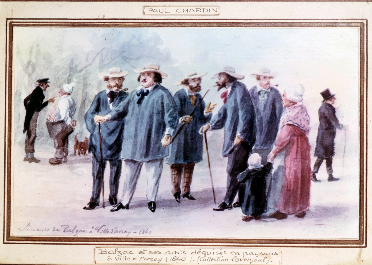 Francouzský spisovatel Honore de Balzac (1799-1850) a jeho přátelé se převlékají za rolníky ve městě Avray v roce 1840. Akvarel maloval po paměti Paul Chardin (1833-?) od Paul Chardin