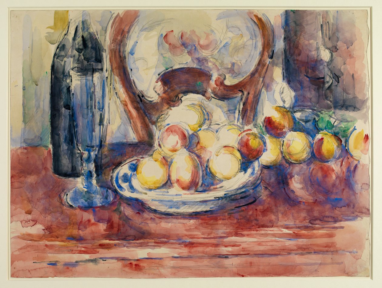 Jablka, láhev a opěradlo židle, cca 1904-06 (grafit a akvarel na tkaném papíře) od Paul Cézanne