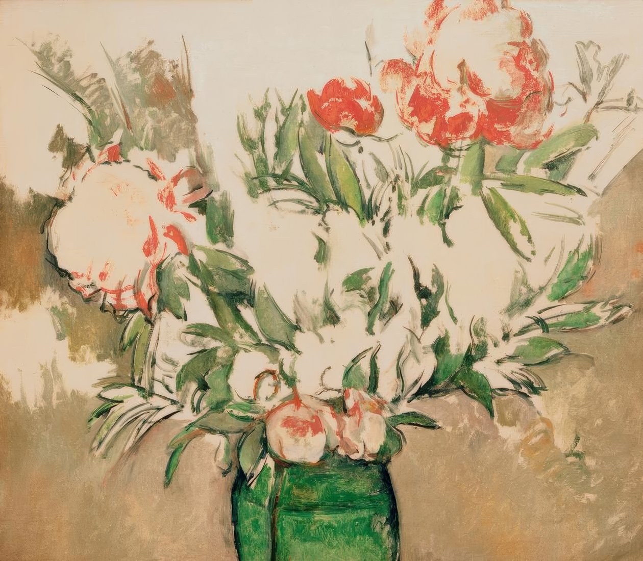 Kytice pivoněk v zeleném květináči od Paul Cézanne