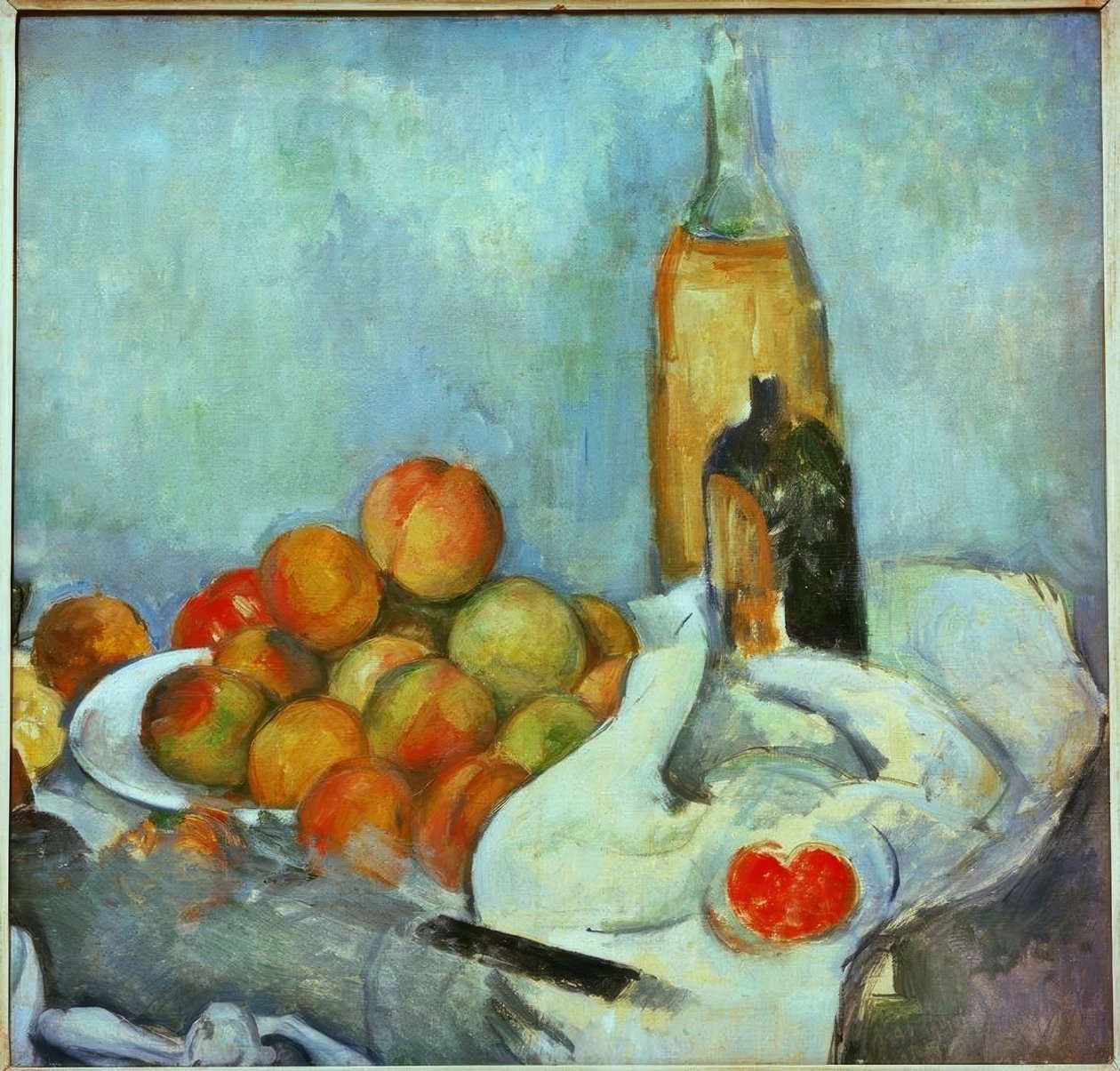 Láhve a broskve od Paul Cézanne